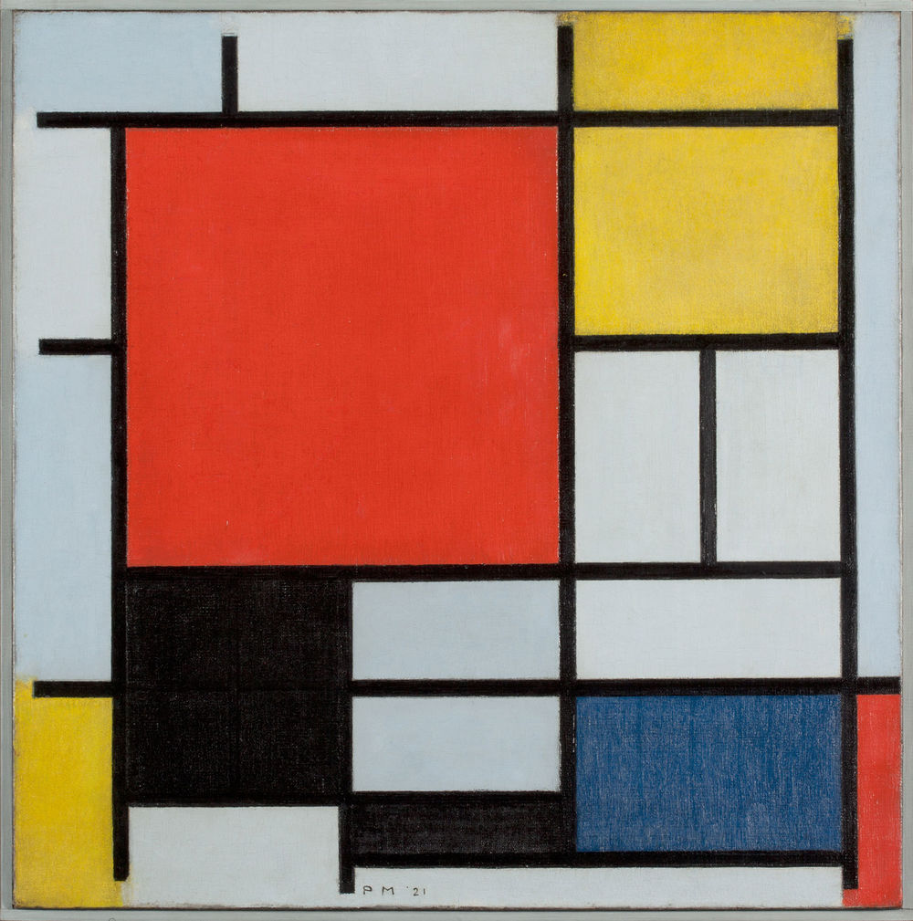 Komposition mit großer roter Fläche, Gelb, Schwarz, Grau und Blau, 1921, Sammlung Gemeentemuseum Den Haag, Den Haag, Niederlande