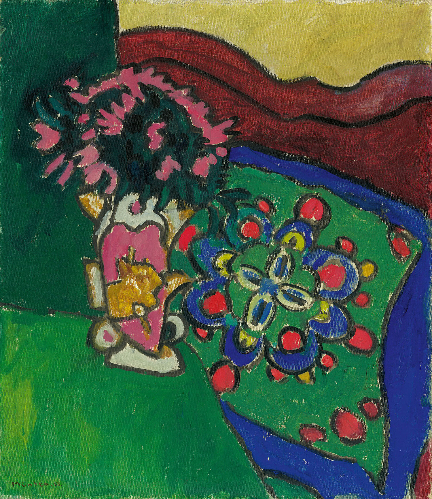 Gabriele Münter, Blumenstillleben mit Sofa und Kissen, 1910, Privatsammlung Wiesbaden, © VG Bild-Kunst, Bonn 2024, Foto: Grisebach GmbH