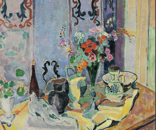 Bild zu "Schön Wohnen" Oskar Moll, Stillleben mit Matisseplastik, Wandschirm und Blumen, 1917