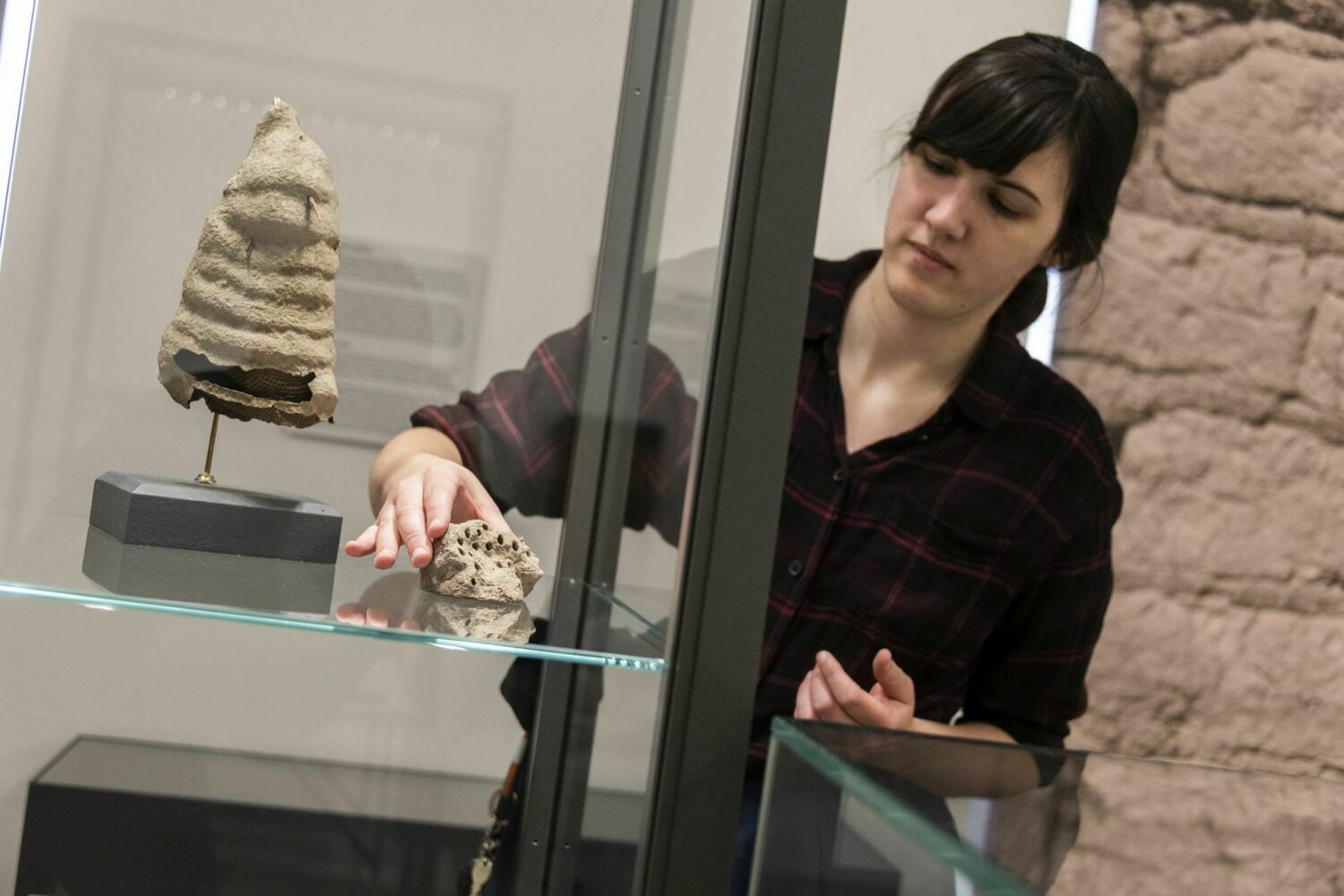 Kuratorin Lisa Schwarz beim Positionieren der Objekte, Foto: Museum Wiesbaden / Bernd Fickert