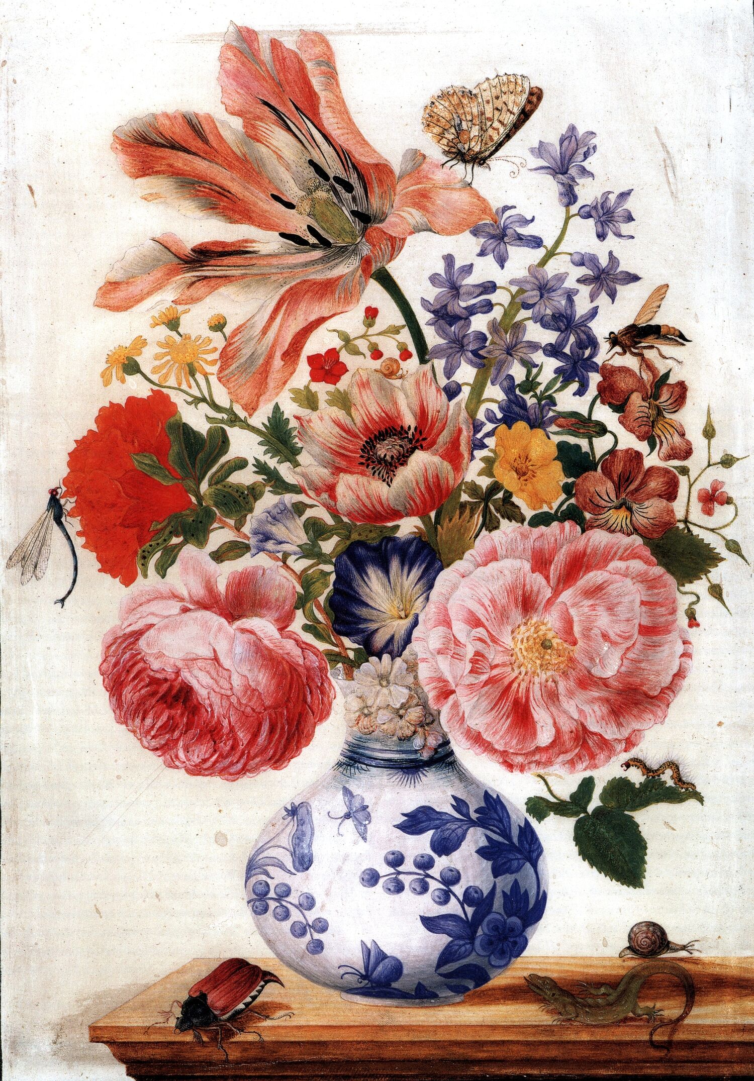 Darstellung einer chinesischen Vase mit Rosen von Maria Sibylla Merian, um 1670 - 1680, Mohn und Nelken, Kupferstichkabinett Berlin, SMB, PD-old-70-expired