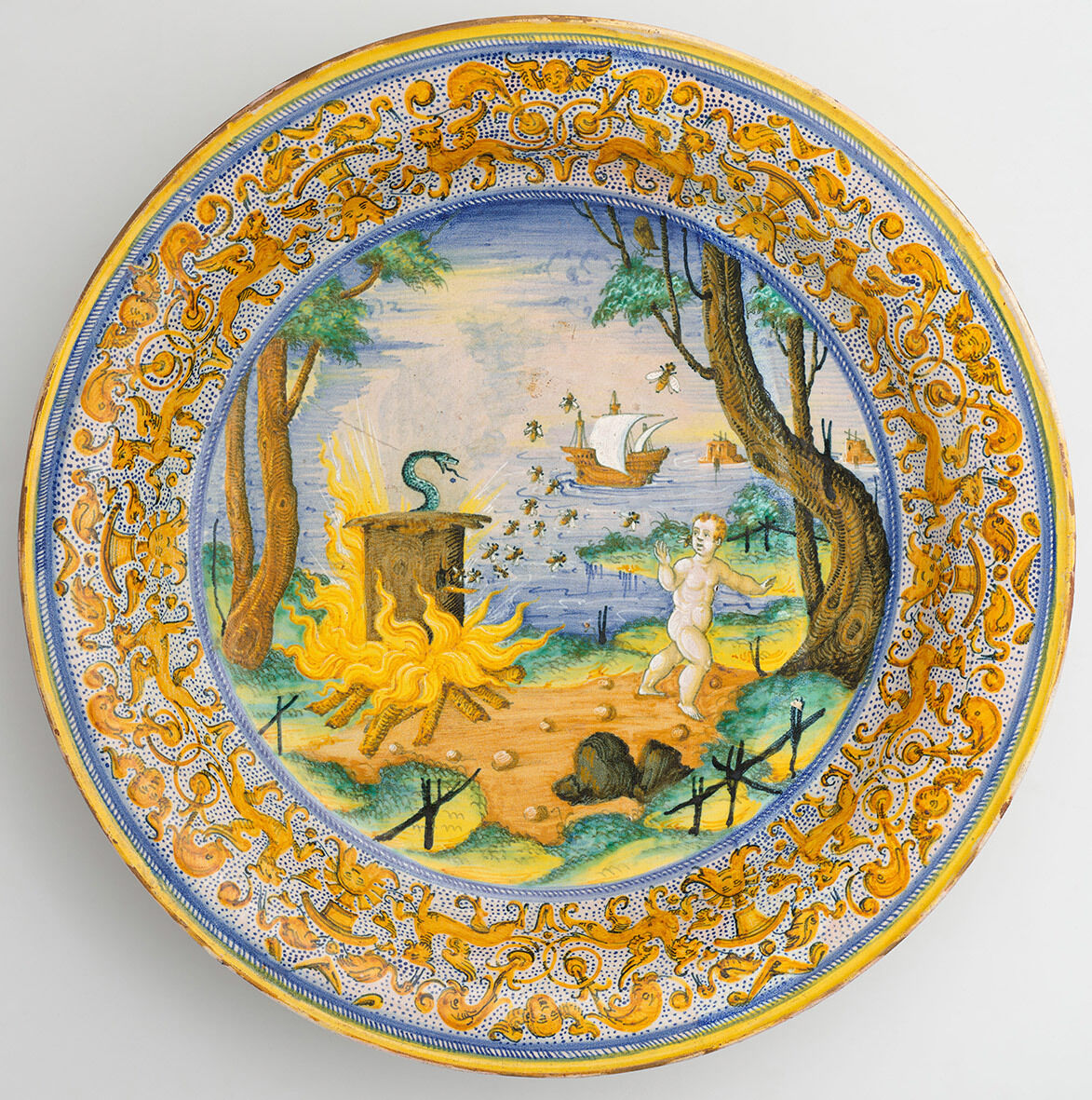 Brennender Bienenstock (Allegorie der Eifersucht), Padua (?), um 1550/70, Majolika, Durchmesser 39,2 cm, Paris, Musée du Louvre, Départements des Objets d’art © GrandPalaisRmn (Musée du Louvre) / Gabriel de Carvalho