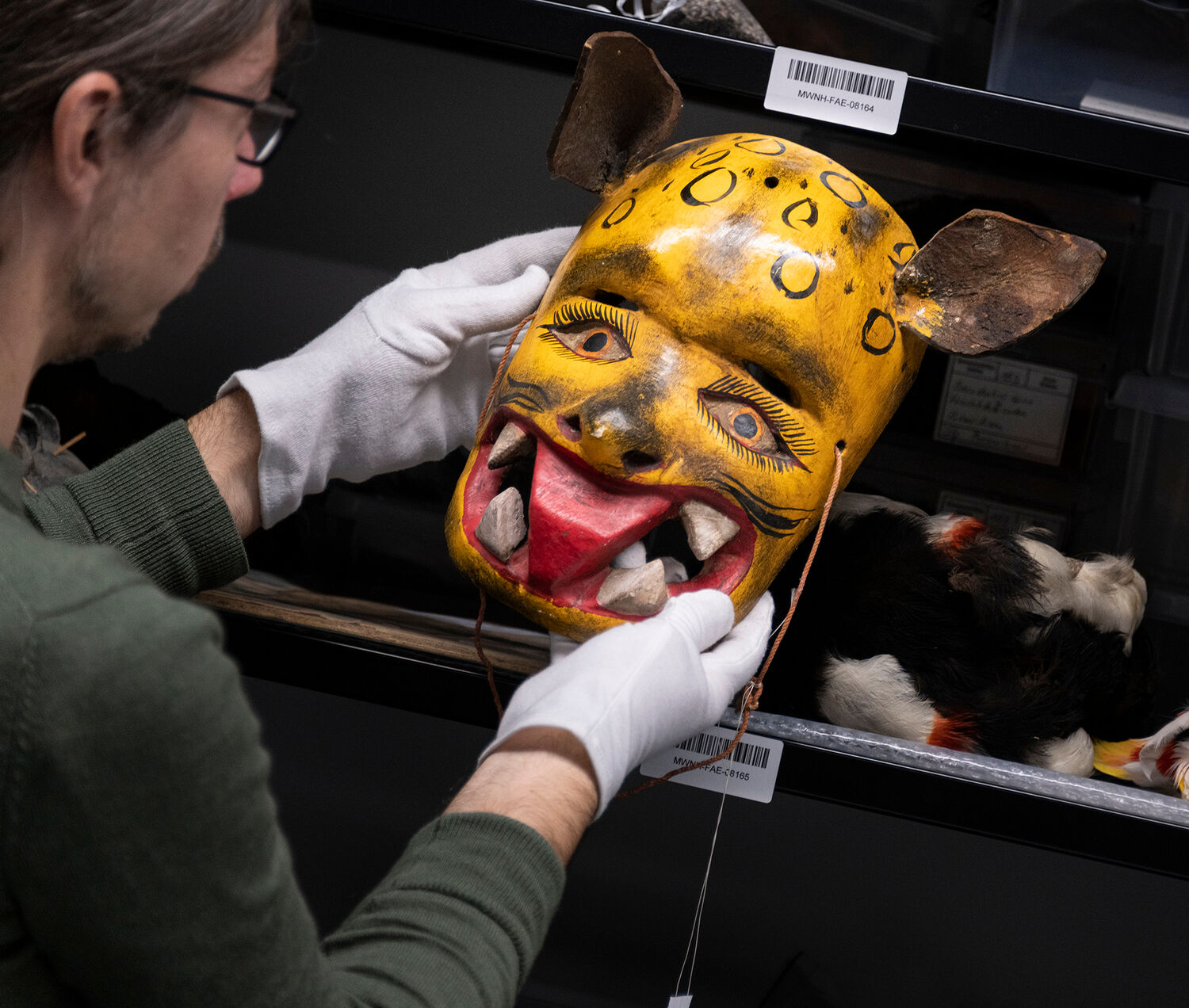 Blick ins Depot des Museum Wiesbaden: Jaguarmaske der Nahua. Mexiko, 20. Jh.