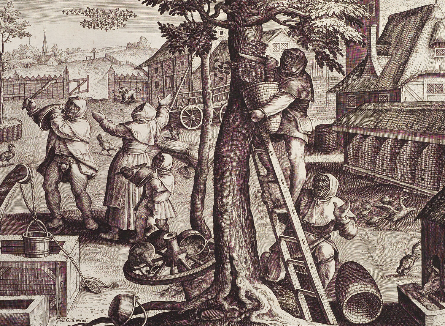 Philipp Galle nach Jan van der Straet, Das Einfangen von Bienenschwärmen (Detail), 1578, Kupferstich, Wolfenbüttel, Herzog Anton Bibliothek © Wolfenbüttel, Herzog Anton Bibliothek (Sign. 39.1 Geom. 2° [1–47])