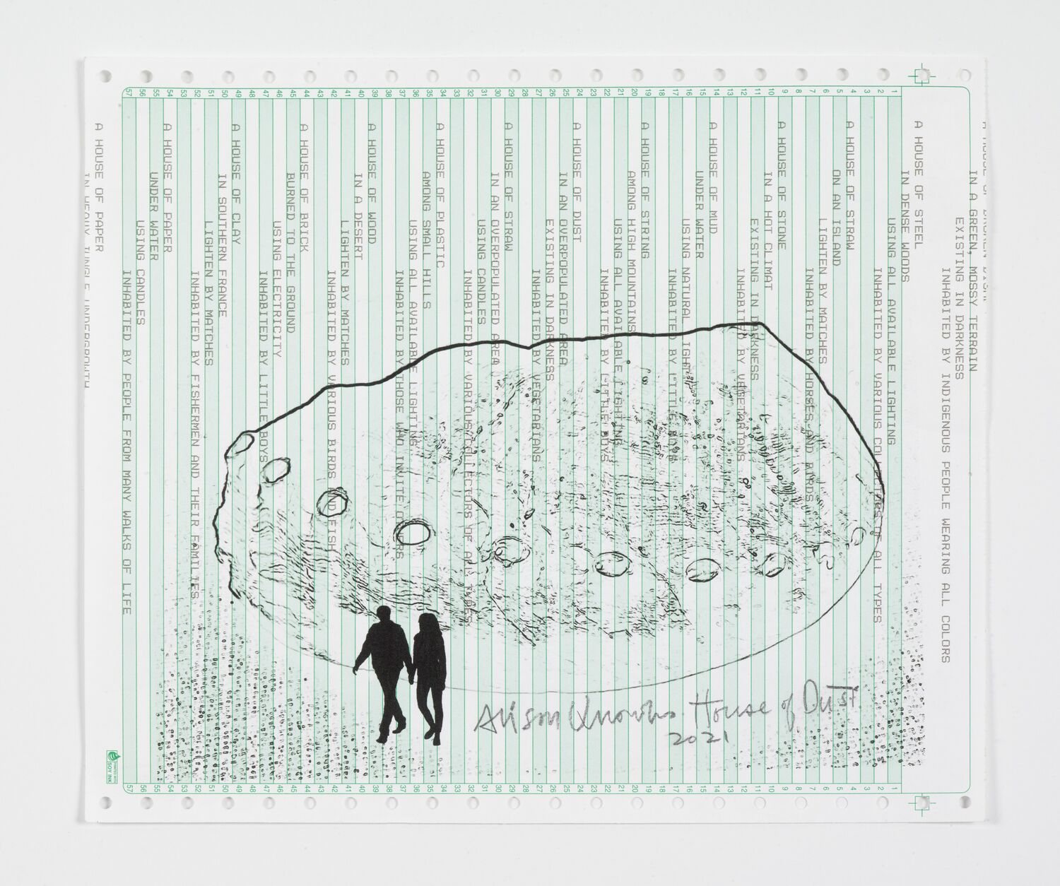 Alison Knowles&lsquo; Skizze des Wiesbadener The House of Dust auf einem Ausdruck der computergenerierten Gedichte. Foto: Jason Mandella