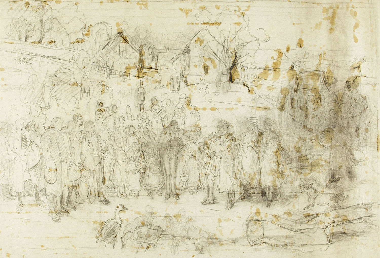 Ludwig Knaus, Hoheit auf Reisen, 1867<br>Kohle auf Papier, 79 × 116 cm Staatsgalerie Stuttgart, Graphische Sammlung, Stiftung Otto Knaus, Stuttgart 1947