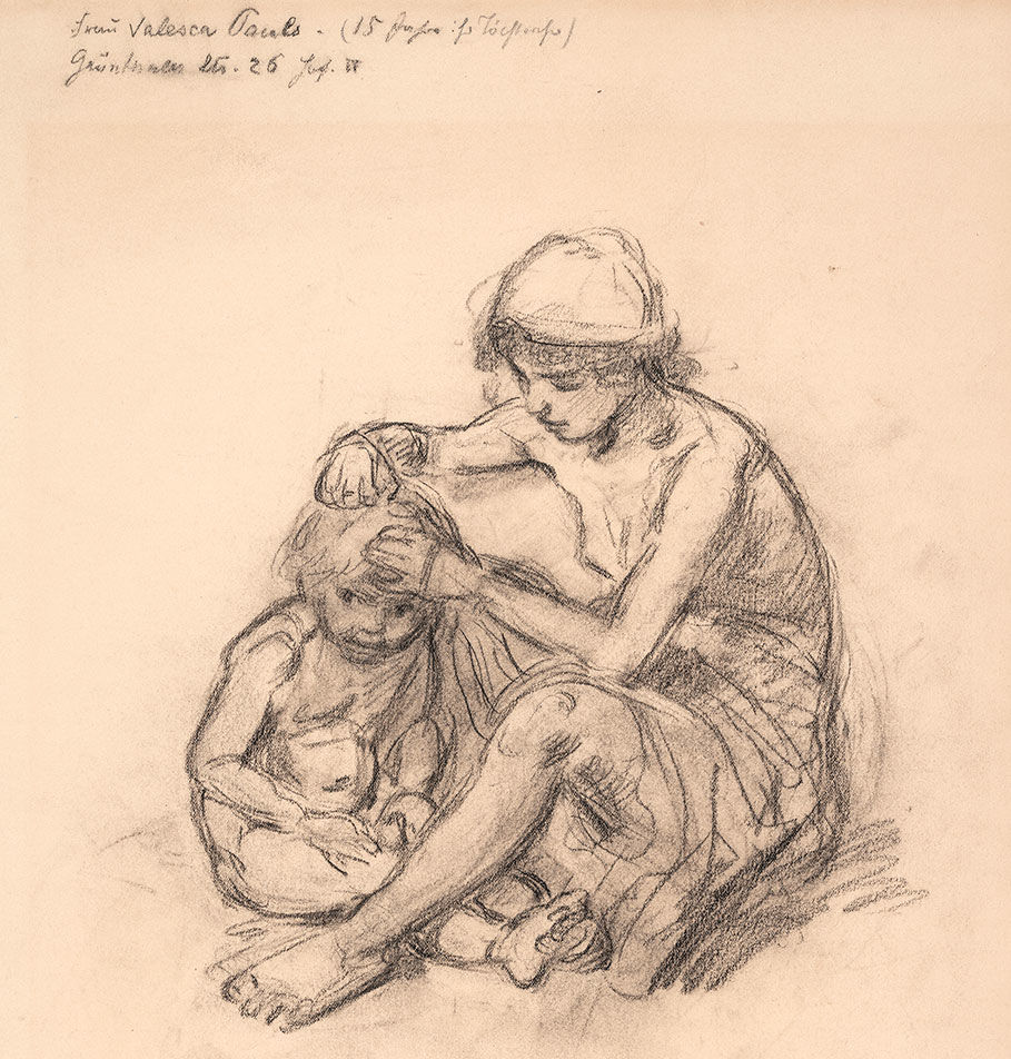 Ludwig Knaus, Studie einer Frau mit Kind beim Lausen, o. J.<br>Kohle auf bräunlichem, Velinpapier, 47,2 × 31,2 cm, Dauerleihgabe aus Privatbesitz im Museum Wiesbaden