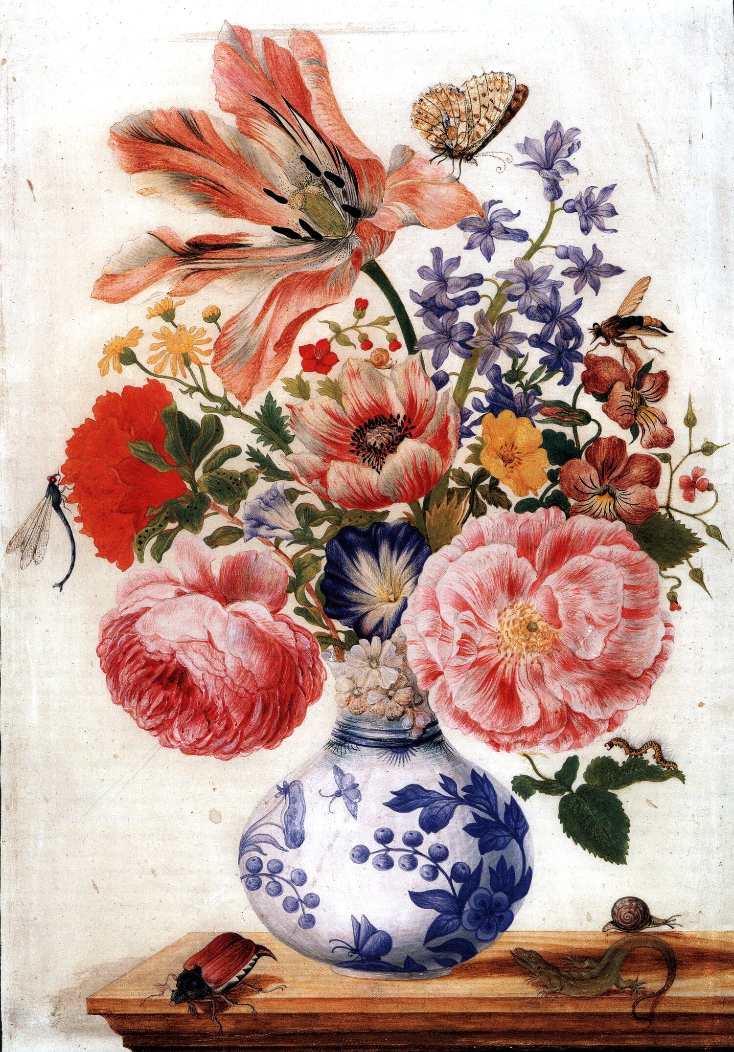 Depiction of a Chinese vase with roses by Maria Sibylla Merian, circa 1670–1680, poppies and carnations, Kupferstichkabinett Berlin, SMB