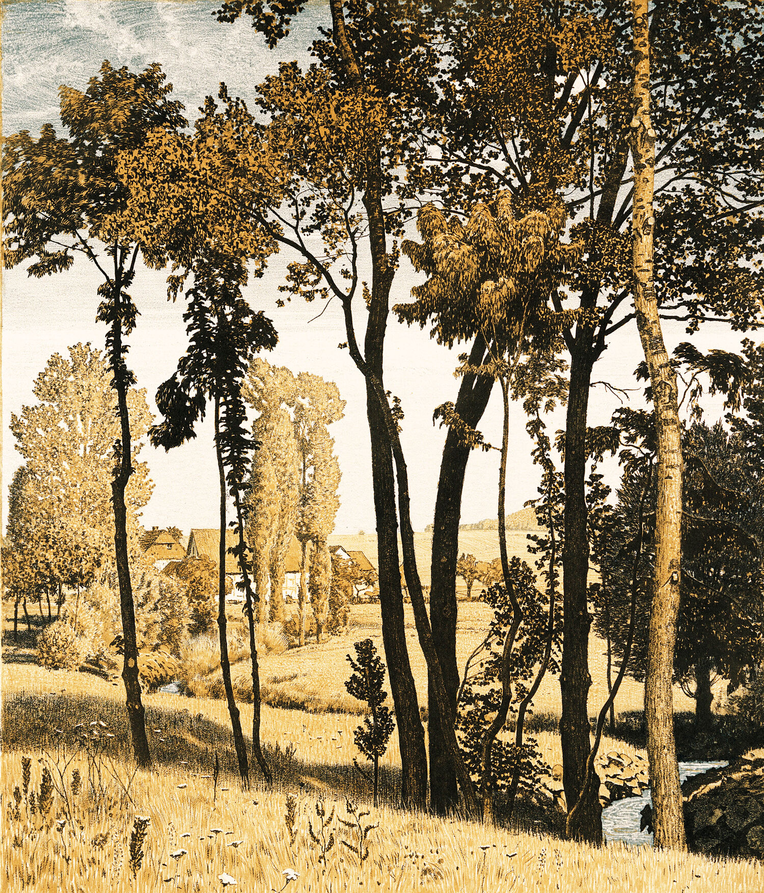 Georg L&uuml;hrig, color lithograph &ldquo;Sunny Landscape,&rdquo; with an etching by Georg Jahn &mdash; 1904 annual publication of the Saxon Art Association; printed by Wilhelm Hoffmann AG, Dresden