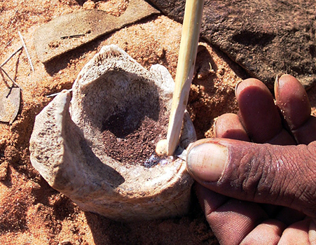 San bei der Pfeilgiftherstellung, Namibia. Foto: Werner Hammer